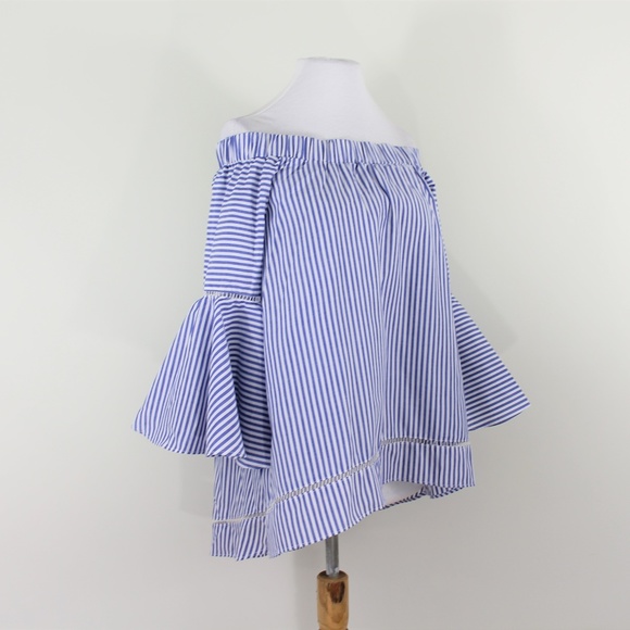 New Hi Low Blue White Stripe Bell Sleeve Top M L - Picture 2 of 8